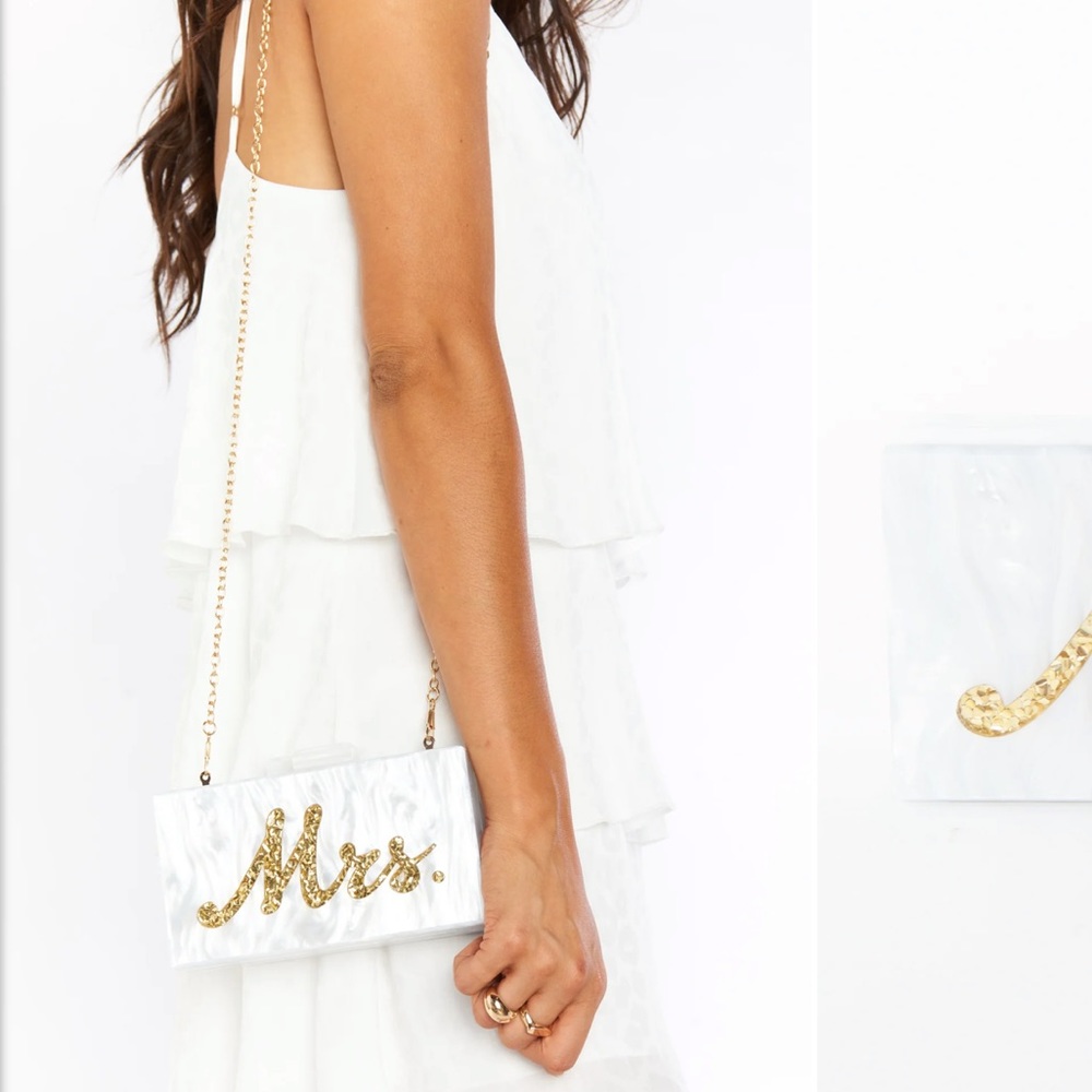 Mrs. Box Clutch bag with gold writing